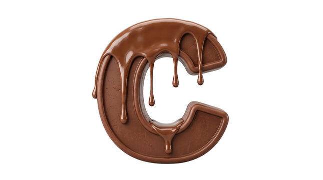 Realistic chocolate letter C with melted chocolate dripping, isolated on white background.