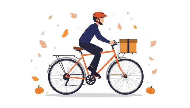 Modern Halloween bicycle delivery vector, cargo bicycle, delivery box, helmet, takeaway package, autumn leaves, small pumpkin accents, dynamic side-view composition with bicycle .