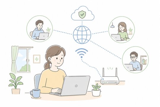 自宅でラップトップを使いWi-Fiとクラウドで多様な働き方をする人々が繋がるリモートワークのイメージイラスト