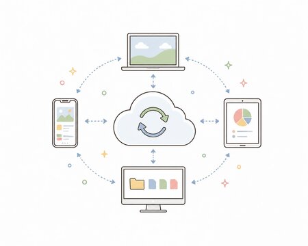 クラウドを中心とした複数のデジタルデバイス間でデータが同期・共有されるITネットワークのコンセプトイラスト