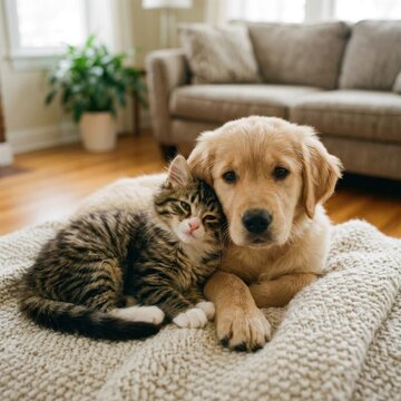 Adorable kitten and puppy cuddling on cozy rug at home with natural light