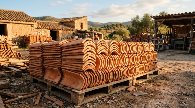 Terracotta roof tile drying, clay stack, rustic yard, rural workshop scene with handmade building material under warm sunlight near stone structure and hillside