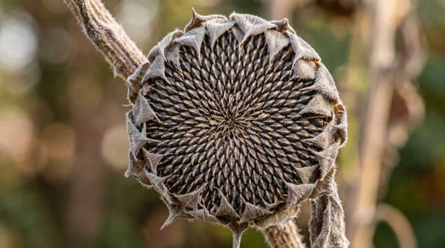 Sunflower seed head macro, dry plant texture, circular pattern with radial seed detail and fuzzy bract against soft natural garden background