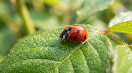 Fototapeta premium Ladybug, leaf, insect, green, macro, nature close view of red spotted beetle resting on textured foliage in garden with soft blur background