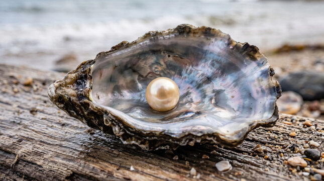 Pearl oyster shell beach sea nacre mollusk sand driftwood ocean, natural marine gem resting inside iridescent oyster shell on coastal shore with calm water background