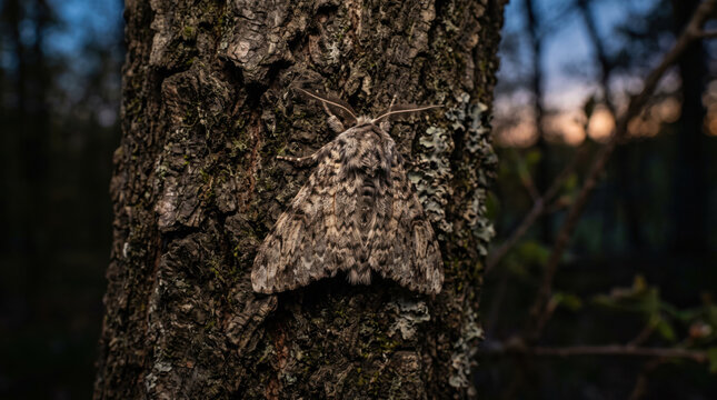 Moth tree bark resting insect camouflage nature closeup woodland texture wing pattern on rough trunk with lichen in dark forest habitat