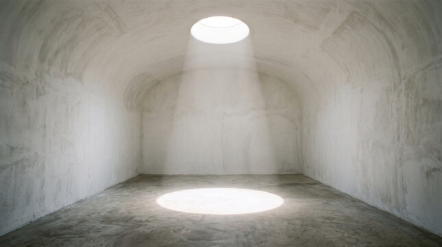Round light circular opening sunbeam concrete room empty space gray wall arched ceiling bright floor, low resolution image of daylight through ceiling hole inside minimalist interior
