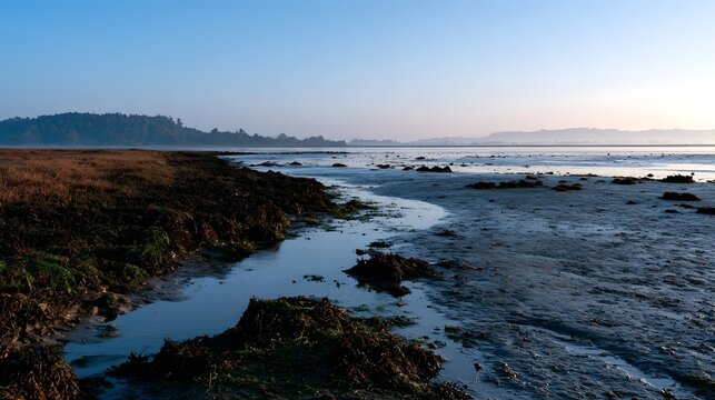 A serene tidal flat at low tide with winding water channels  muddy banks  and distant tree covered hills under a clear blue sky