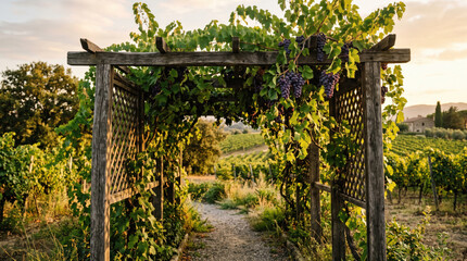 Fototapeta premium Grapevine trellis vineyard wooden grape vine arbor garden rustic countryside wooden trellis covered with grapevine and purple grape in rural vineyard landscape at sunset