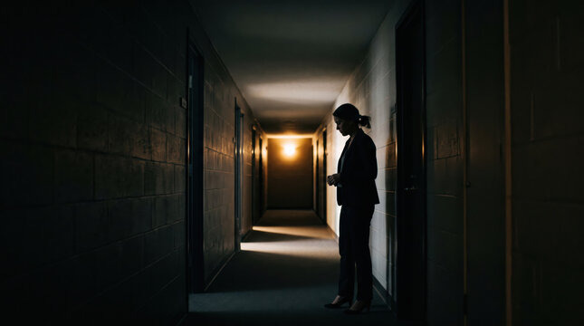 Businesswoman corridor hallway silhouette suit standing narrow dark light office professional woman waiting in dim passage with serious mood