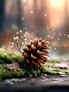 Close-up of pine cone and sprig on moss with snowflakes in a softly lit winter forest scene