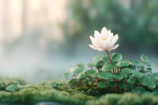 Peaceful White Lotus Flower Blooming in a Lush Green Garden with Morning Mist and Vibrant Foliage