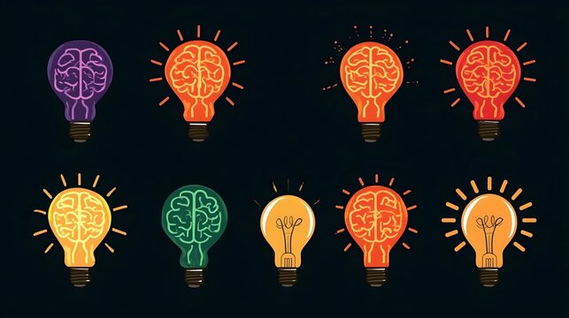 Brain in light bulb icon set. Creative, generating idea, solution , knowledge, lamp stock vector. idea and creativity vector collection. Creative idea and innovation light bulb icon. 