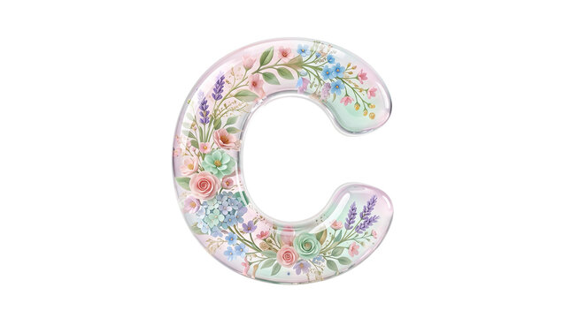 Soft Floral Letter C Illustration with Watercolor Flowers and Leaves in Pastel Colors