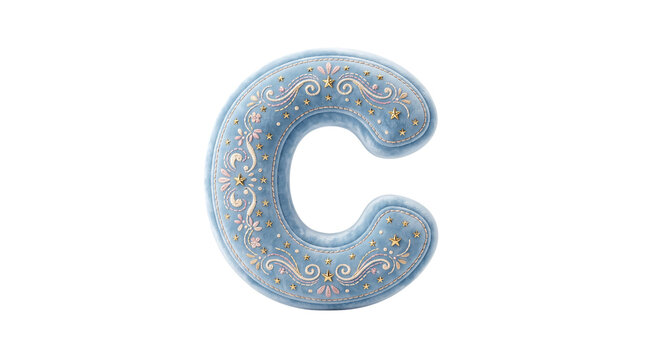 Ornate Textured Blue and Gold Letter C Illustration Isolated on White