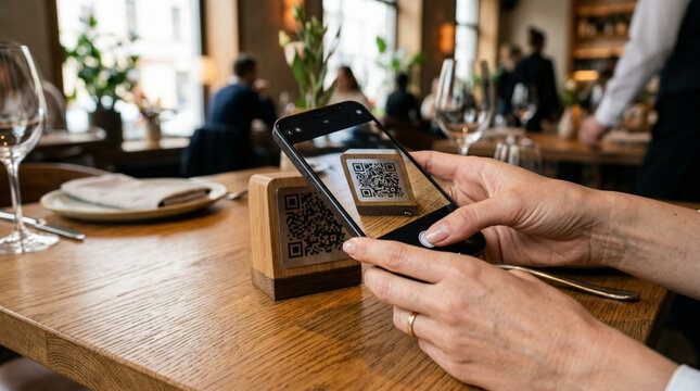 Customer scans QR code on phone at restaurant table for menu or payment