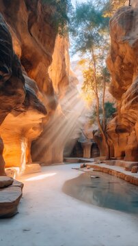 Serene Desert Canyon with Sunbeams and Water Pool in Warm Sunlit Landscape
