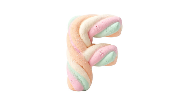 Multicolored twisted marshmallow letter F isolated on white background
