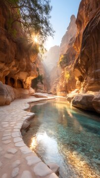 Scenic canyon river with rock formations, lush greenery, warm sunlight, clear water, and pebble pathway in a tranquil natural environment