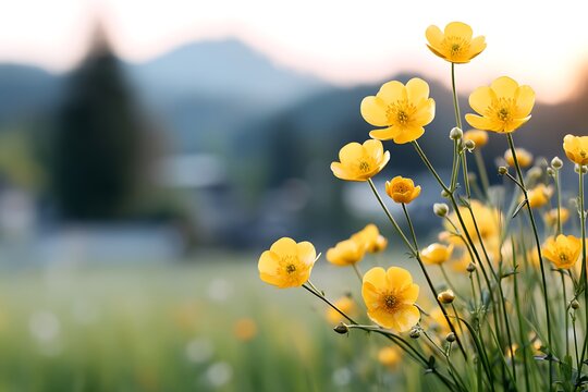 Bright yellow wildflowers blooming in a lush green meadow with mountains in the background during sunrise