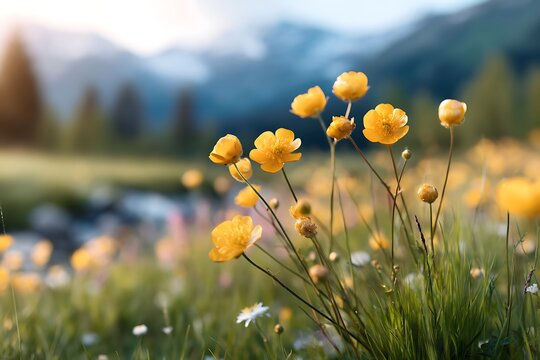 Bright yellow mountain poppies blooming in lush green meadow with background of distant mountains and cloudy sky on a scenic day