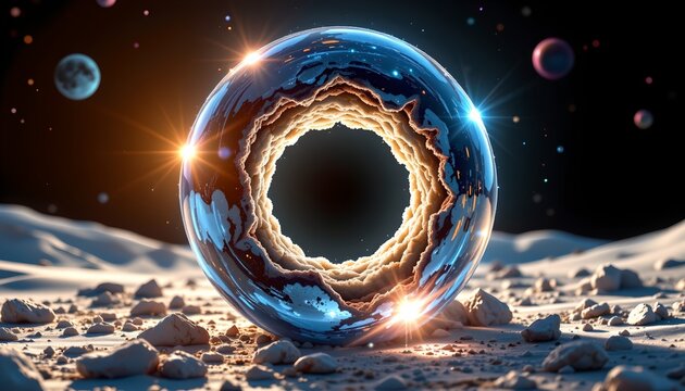 The image features a large, transparent spherical object resting on a rugged, lunar like landscape with scattered rocks and dust