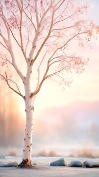 Elegant pink-leafed tree with white trunk on rocky shoreline during sunset, calming nature scene, soft pastel colors, tranquil landscape composition