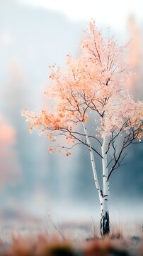 Elegant cherry blossom tree with pink flowers on a foggy morning, serene natural landscape scene with soft blurred background