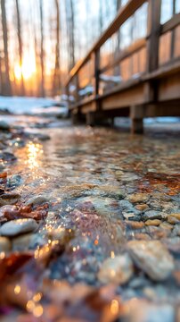 Warm Sunset Reflection on Frozen Pond with Wooden Pier and Falling Leaves in Autumn