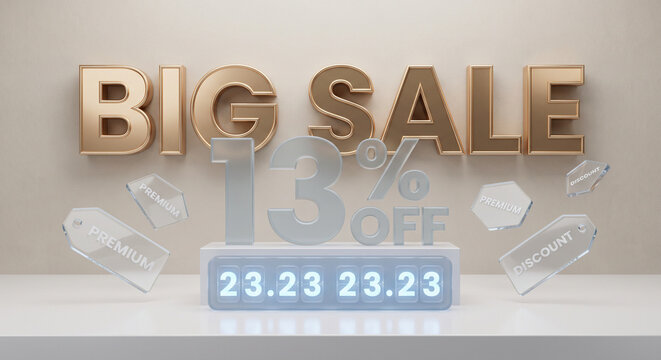 Gold letters spelling big sale sit behind a transparent thirteen percent off sign with a.