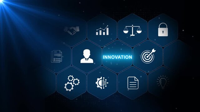 Innovation strategy concept with business technology, creative thinking and corporate management icons in a connected hexagonal interface on a dark blue background