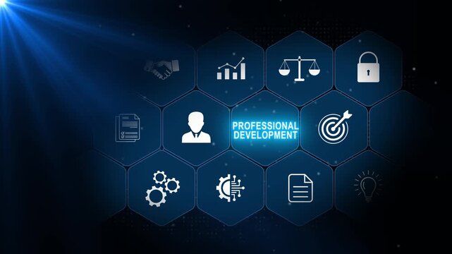 Professional Development concept with career growth, employee training and corporate management icons in a connected hexagonal interface on a dark blue background