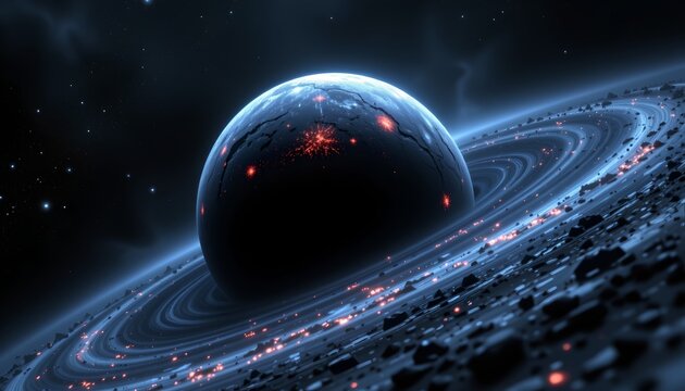 The image depicts a distant planet with a dark, textured surface surrounded by glowing, irregularly shaped red and orange hotspots