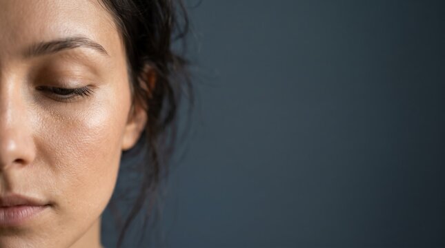 female face close up with eyes downcast for dermatology and skincare photo
