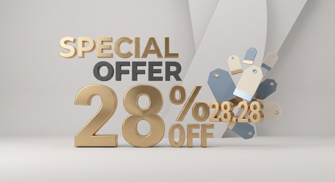 A three dimensional graphic displays a twenty eight percent special offer with floating.