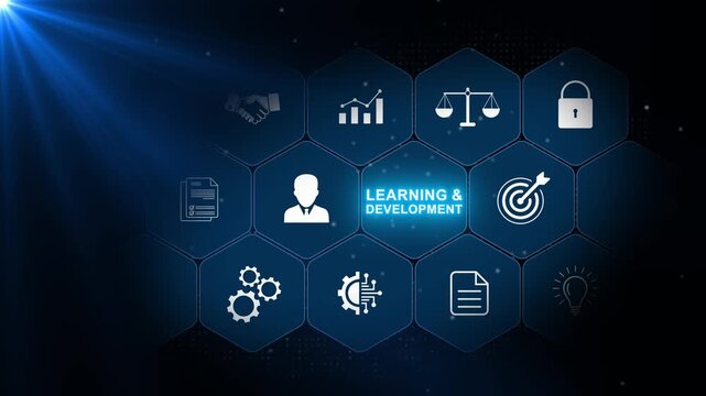 Learning and Development concept with employee education, skills growth and corporate management icons in a connected hexagonal interface on a dark blue background