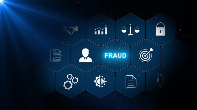Fraud detection concept with business security icons in a connected hexagonal interface, glowing blue technology elements on a dark digital background