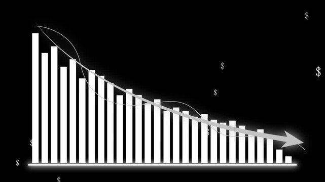 Descending finance bar chart with arrow animation, Descending values with curved trend lines and arrow, dollar symbols scattered