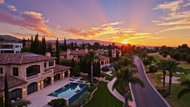 Drone aerial photography of real estate at sunset technology concept. Sunset view of luxury homes with swimming pools along a palm tree lined street near a golf course