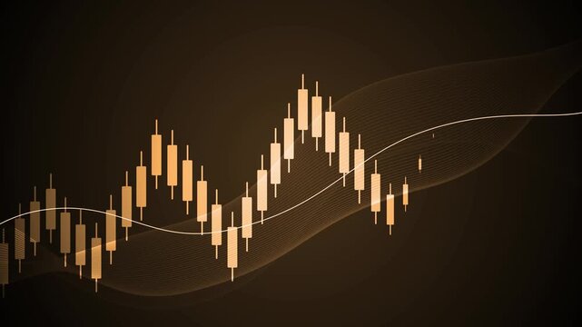 Abstract candlestick trading chart animation, Stylized financial candlestick chart on dark background with flowing wave lines, modern tech aesthetic