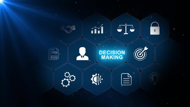 Decision Making business concept with strategic planning, analytics and target icons in a connected hexagonal interface on a dark blue technology background