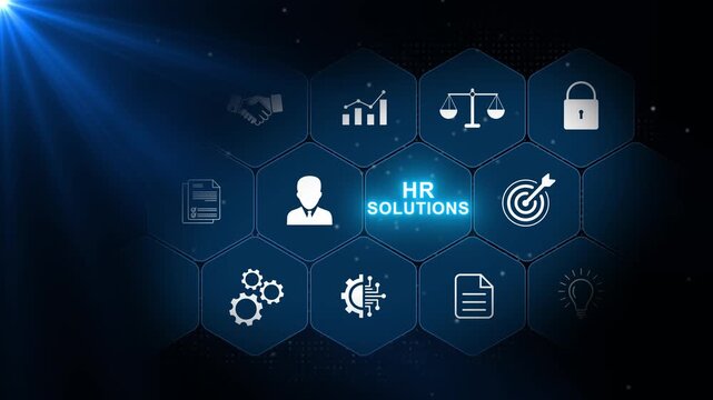 HR solutions concept with human resources, employee management and corporate workflow icons in a connected hexagonal interface on a dark blue background