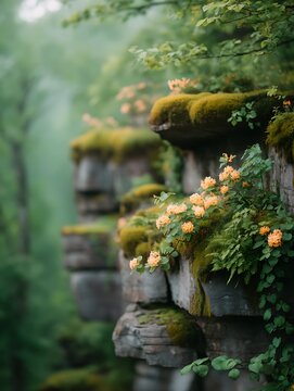 Moss-covered stone ledges with vibrant pink roses and lush greenery in a serene garden scene