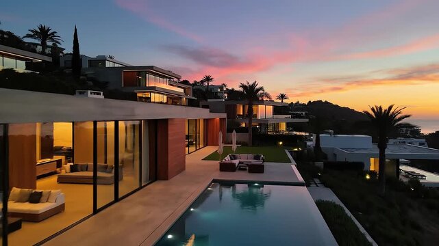 Luxury modern house with infinity pool and ocean view at sunset with palm trees and stylish outdoor seating