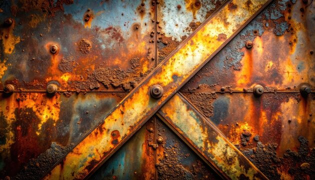 Close-up of heavily rusted metal panels with a riveted cross-brace.