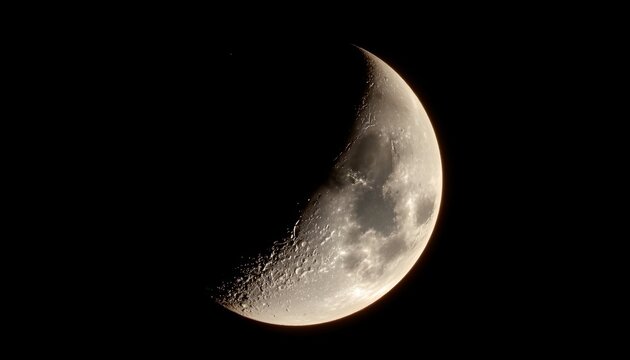 The image depicts a crescent shaped celestial body illuminated partially, with the rest shrouded in darkness