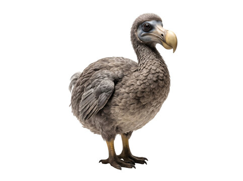 Dodo bird (Raphus cucullatus) standing upright in a natural three-quarter pose, plump rounded body covered with layered gray-brown feathers