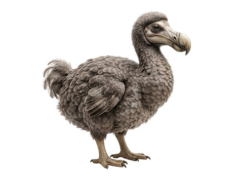  Dodo bird (Raphus cucullatus) standing upright in a natural three-quarter pose, plump rounded body covered with layered gray-brown feathers