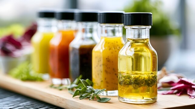 A row of glass bottles filled with colorful homemade salad dressings and herbs on a wooden board