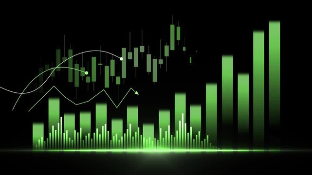 Financial chart background with rising bar graph and candlestick market data showing growth profit and upward trend animation